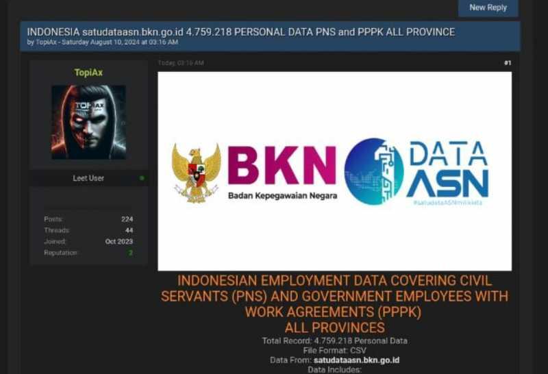 Data Badan Kepegawaian Negara Diduga Bocor, Dijual Hacker Rp160 Jutaan