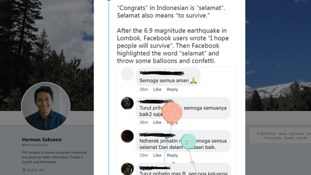 Hias Postingan Gempa Lombok dengan Balon, Facebook Minta Maaf